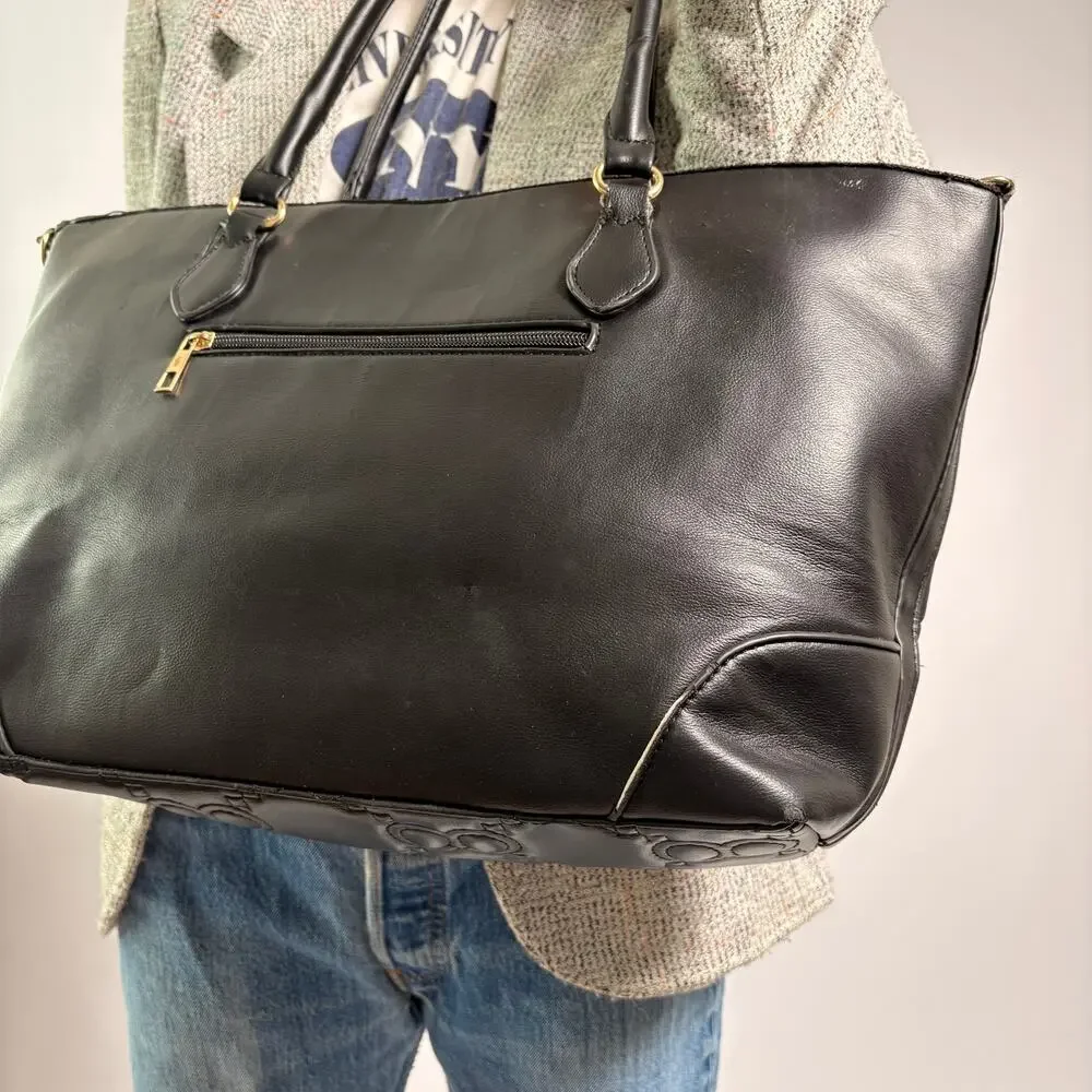 Black Quilted Logo Vegan Leather Tote - Spacious
